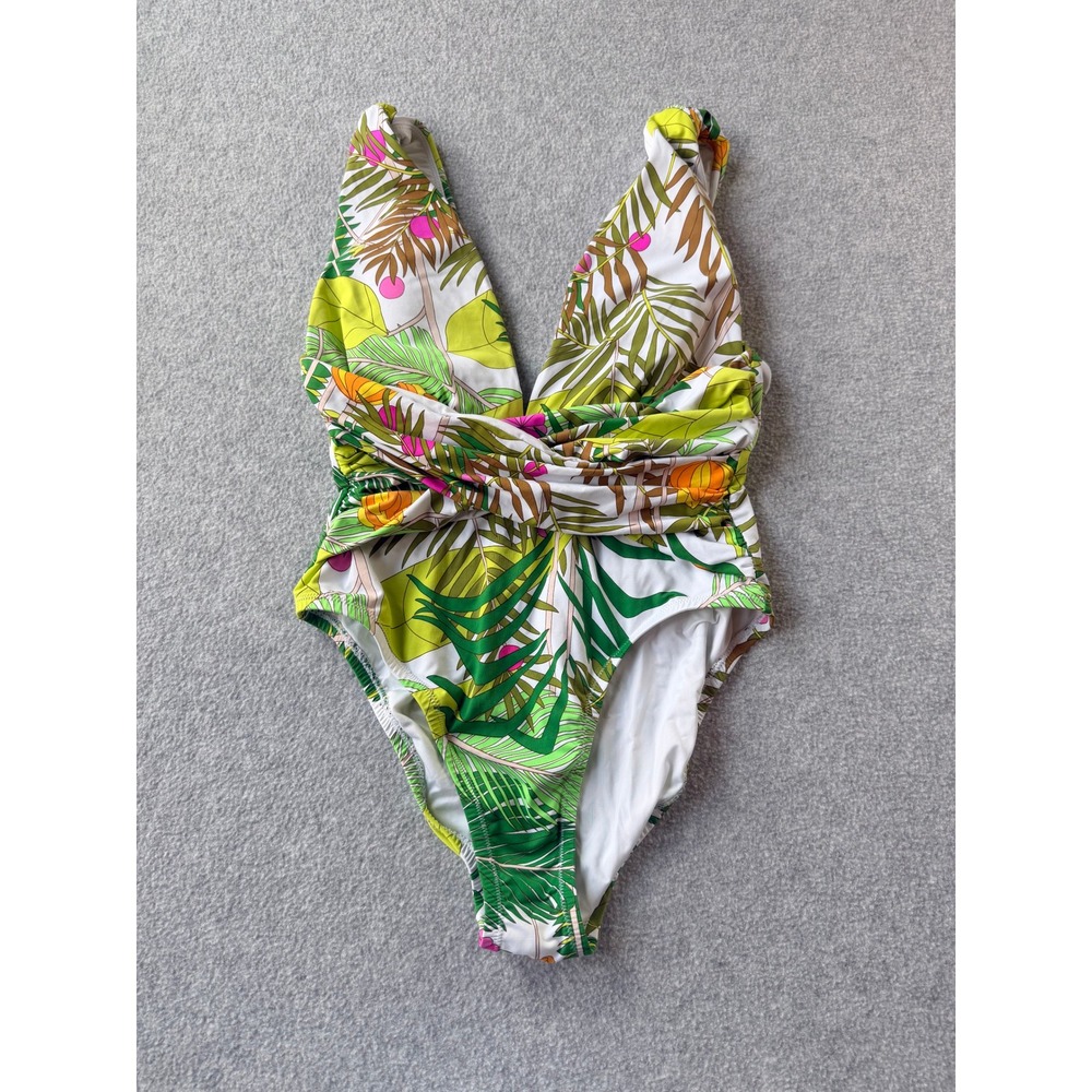 Trina Turk Tropical Palm Print One Piece Swimsuit V-Neck Wrap Front Floral Green